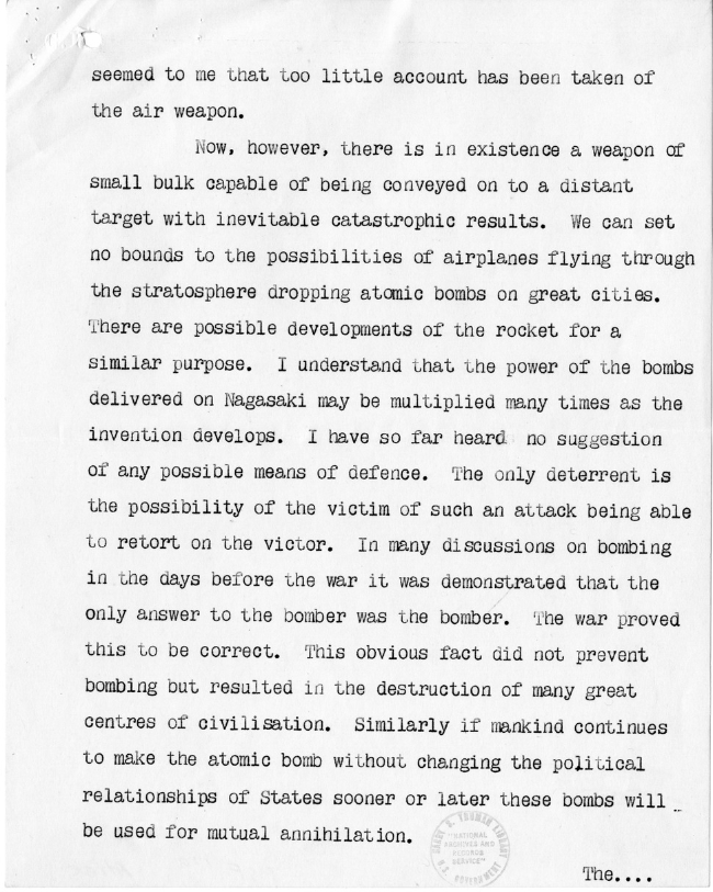 Memorandum from Prime Minister Clement Attlee to President Harry S. Truman Truman Library