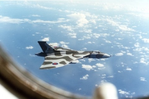 Vulcan B2 XM607 off the coast of Brazil on the return leg of Black Buck 2 photographed from a 57 Squadron Victor tanker. Norman Curtis Christie 1
