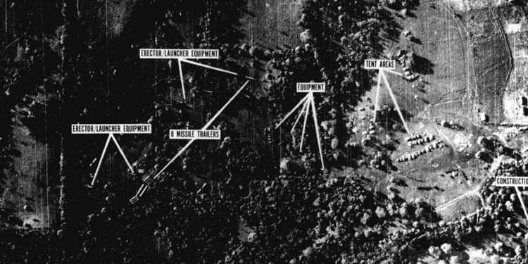 Soviet missiles in Cuba seen in reconnaissance photos taken 14 October 1962. Credit JFK Library