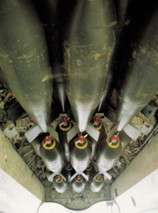 The bomb bay of the Vulcan was restored to carry 21 1000lb HE bombs – this shows the bombs in place on XM607 before the first raid. David Oliver