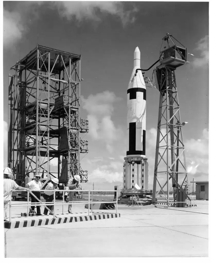 A UGM 27 Polaris missile on the launch pad at the Cape Canaveral