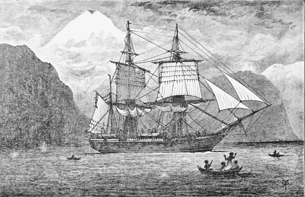 HMS Beagle in the Straits of Magellan image from Charles Darwins 1890 illustrated edition of The Voyage of the Beagle.