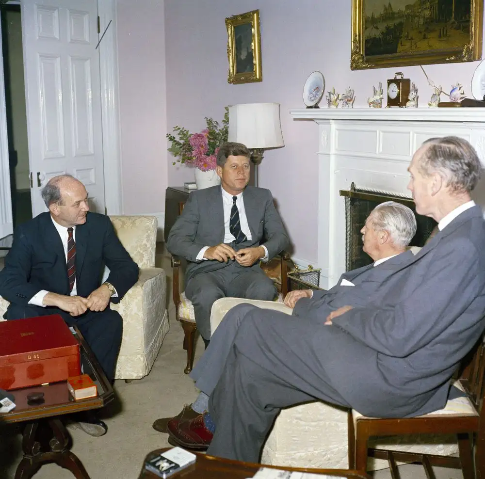 JFKWHP KN C19797 President John F. Kennedy Meets with Prime Minister Harold Macmillan of Great Britain in Bermuda