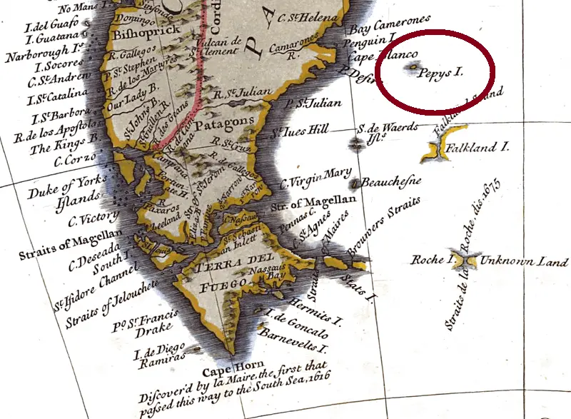 Pepys Island depicted on an 18th century map. Roche Island is South Georgia